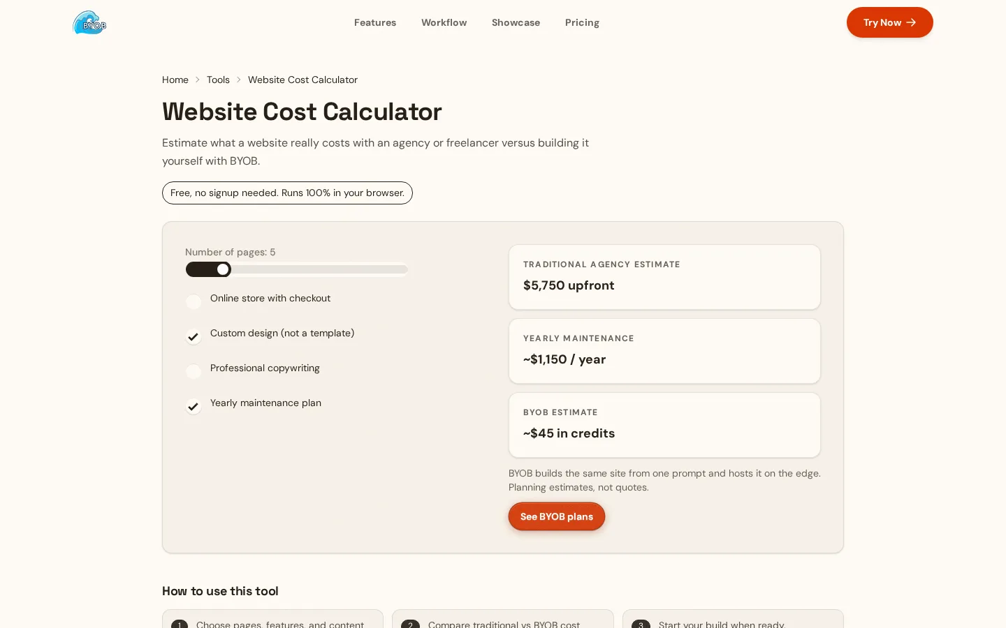 Screenshot of the Website Cost Calculator comparing agency and BYOB estimates